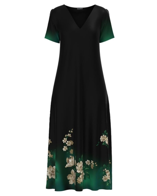 Rochie neagra de vara lunga cu buzunare imprimata cu model floral CMD2780
