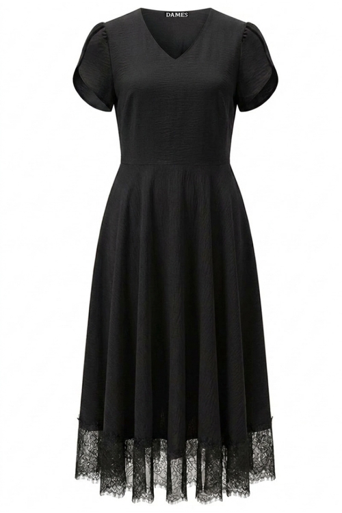 Rochie neagra din vascoza cu buzunare si dantela