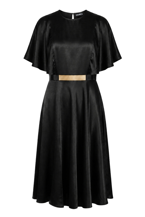 Rochie neagra din vascoza satinata cu maneci fluture