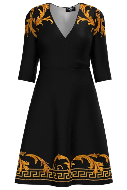 Rochie neagra eleganta cu bust petrecut imprimata baroc