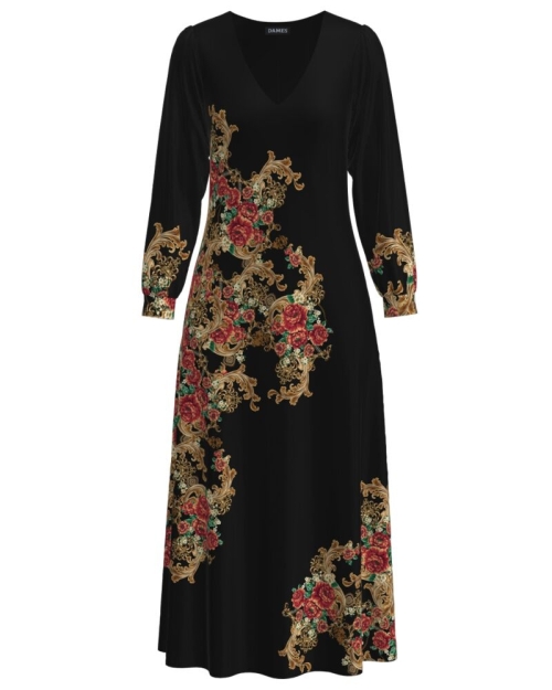 Rochie neagra eleganta cu maneca lunga imprimata cu model floral CMD2822