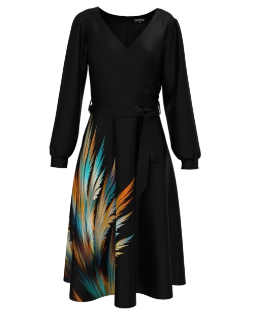 Rochie neagra eleganta cu maneca lunga imprimata cu model multicolor