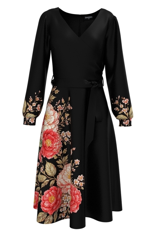 Rochie neagra eleganta cu maneca lunga imprimata floral