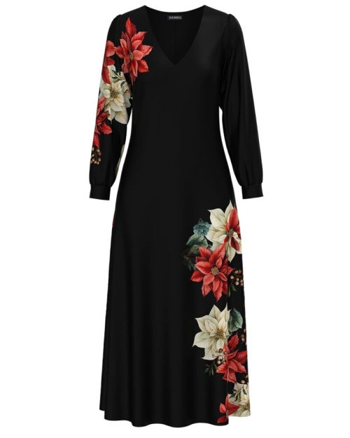 Rochie neagra eleganta cu maneca lunga imprimata floral