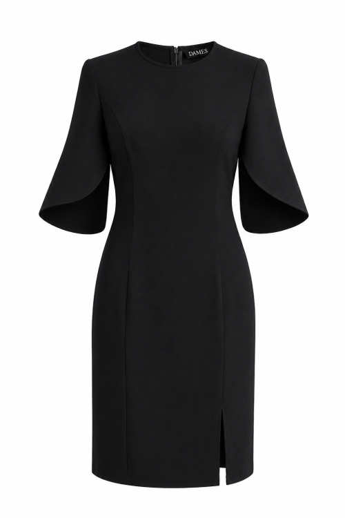 Rochie neagra eleganta cu maneci asimetrice si slit pe picior