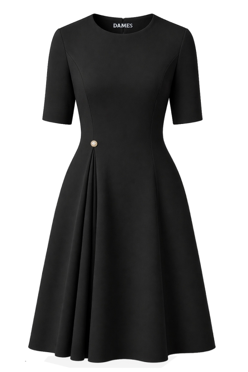 Rochie neagra eleganta cu pliuri si nasture bijuterie