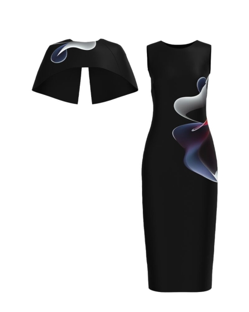 Rochie neagra lunga cu capa detasabila imprimata abstract CMD4863 - Img 2