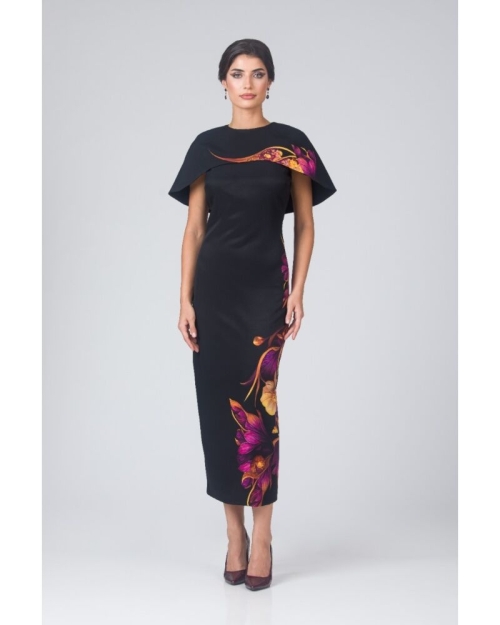 Rochie neagra lunga cu capa detasabila imprimata floral CMD4860 - Img 1