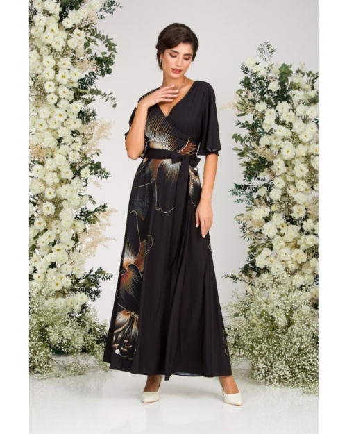 Rochie neagra lunga eleganta de seara imprimata digital cu model Crini CMD1062 - Img 1