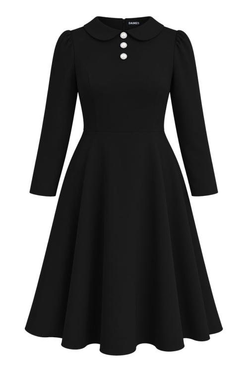 Rochie neagra semiclos cu guler rotund si maneci lungi