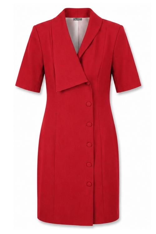 Rochie office rosie cambrata cu rever asimetric si nasturi