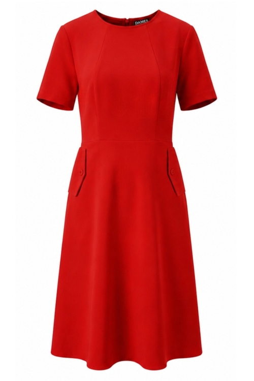 Rochie rosie cu buzunare cu clapa si decolteu rotund