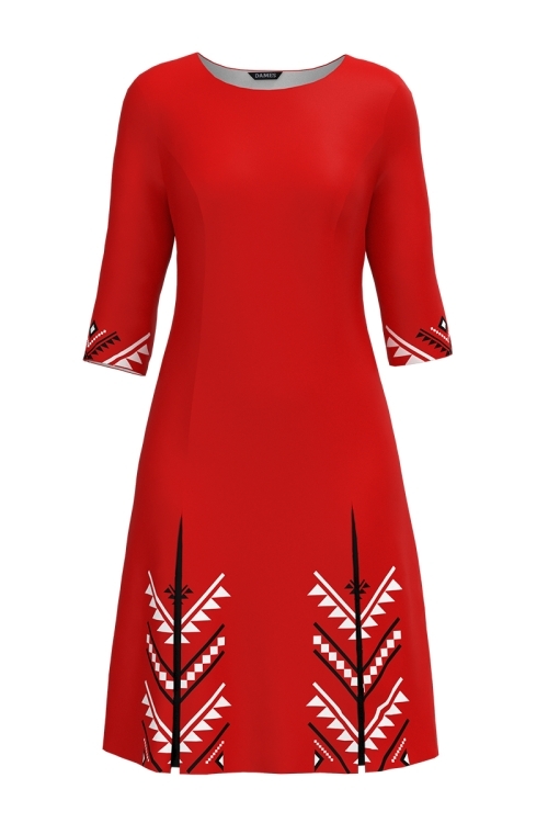 Rochie rosie cu pliuri imprimata traditional