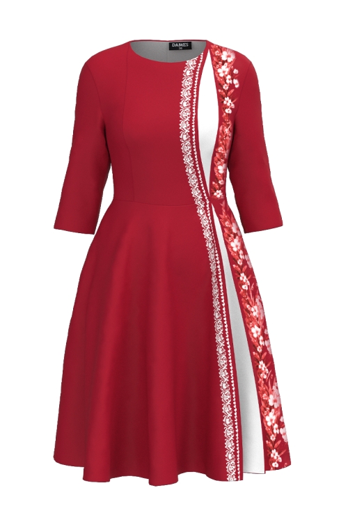 Rochie rosie eleganta clos cu sectiune in contrast flori de Iasomie