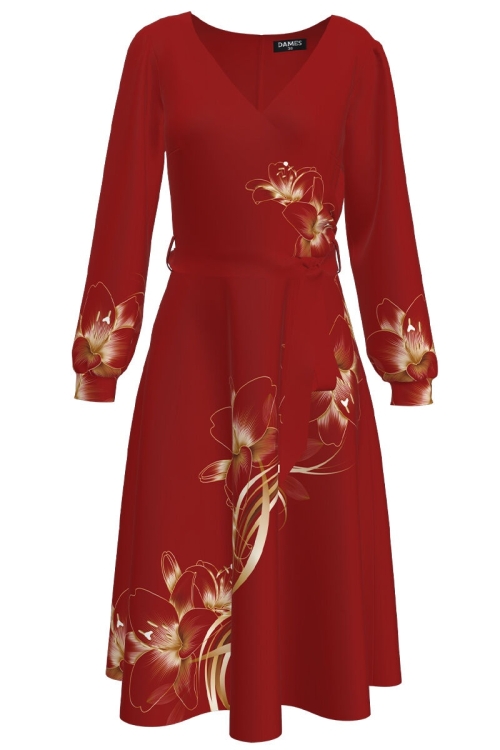 Rochie rosie eleganta cu maneca lunga imprimata Crini CMD1512 - Img 2