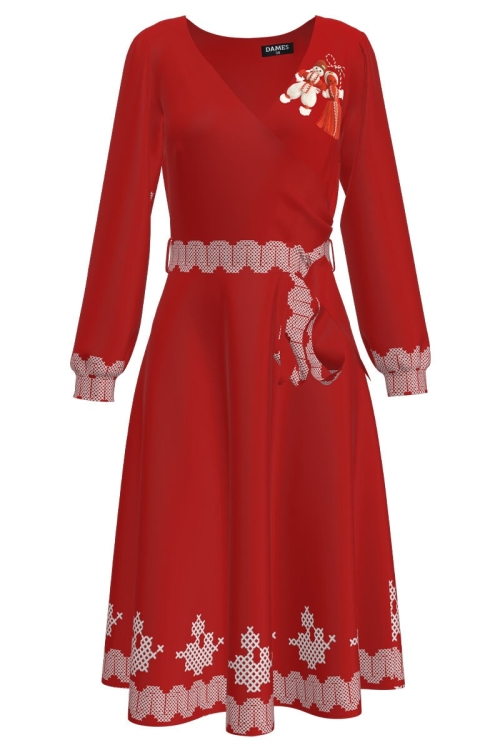 Rochie rosie eleganta cu maneca lunga imprimata Martisor CMD2022 - Img 2
