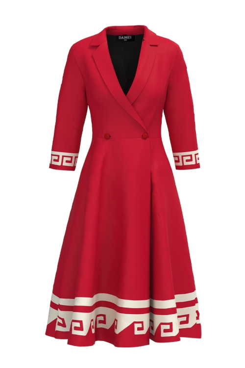 Rochie rosie tip pardesiu petrecuta cu imprimeu aztec