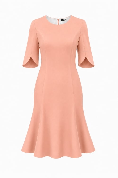 Rochie roz pudra in clini cu maneca asimetrica