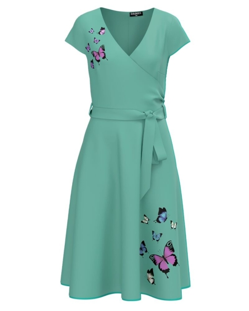 Rochie turcoaz eleganta de vara cu maneca scurta imprimata fluturi CMD4511