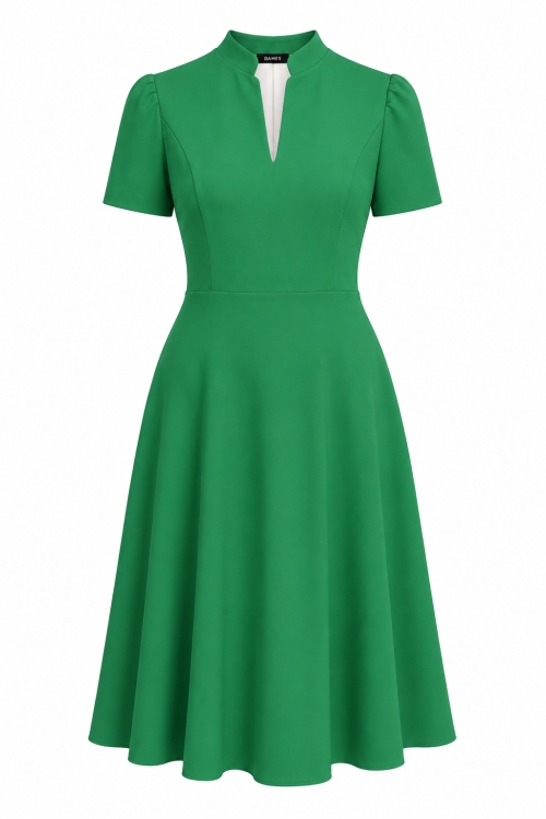 Rochie verde clos cu guler tunica decolteu in V si buzunare