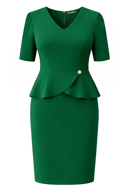 Rochie verde conica cu decolteu in V si volane in talie
