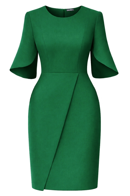 Rochie verde eleganta cu maneci asimetrice si fusta tip lalea
