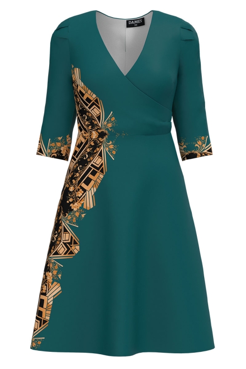 Rochie verde marin cu bust petrecut imprimata floral