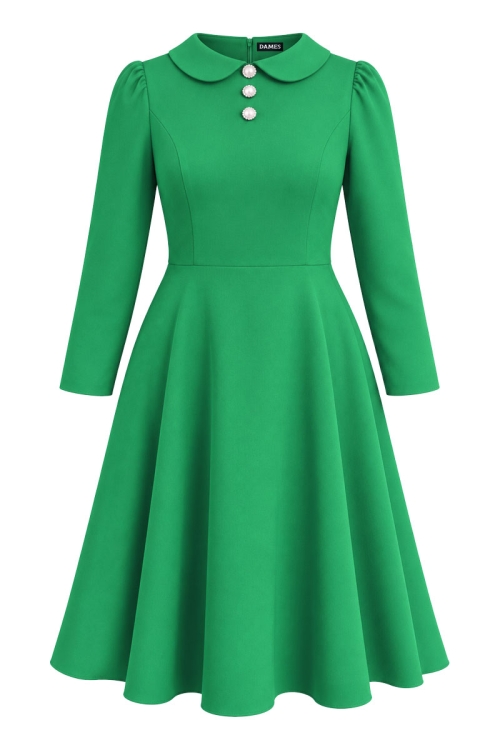 Rochie verde semiclos cu guler rotund si maneci lungi