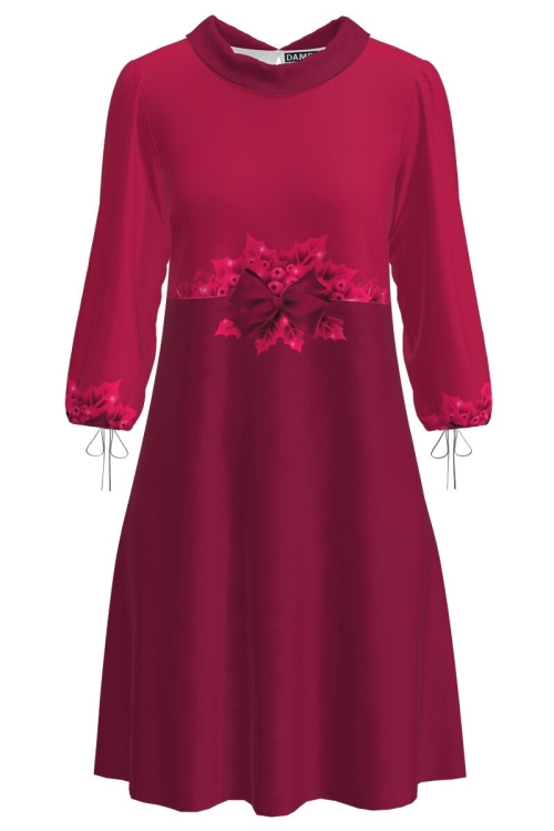 Rochie Viva Magenta casual cu maneca trei sferturi imprimata cu model fundita CMD3731