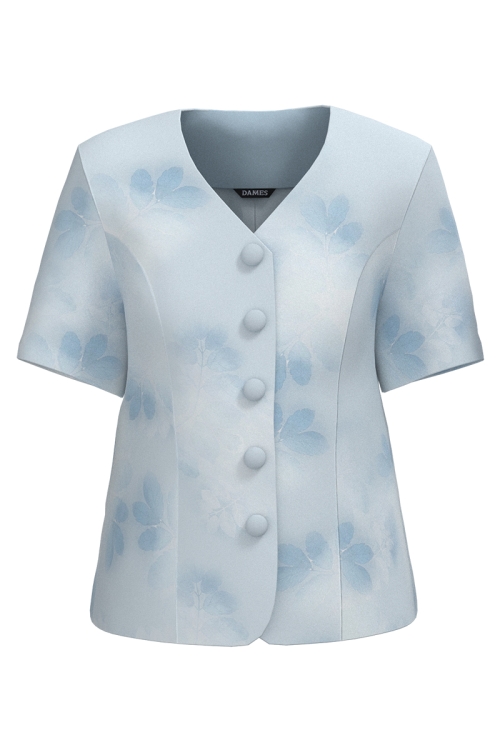 Sacou bleu cambrat cu maneca scurta si model floral