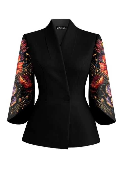 Sacou negru elegant cu maneci trei sferturi asimetrice simfonia florilor