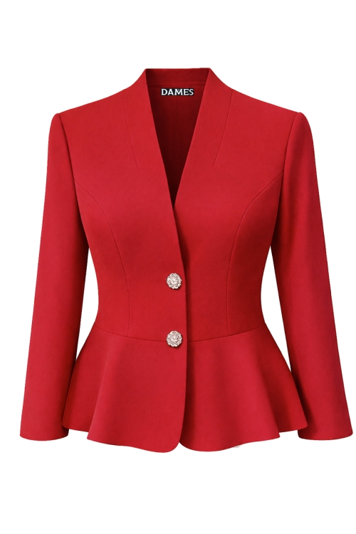 Sacou rosu elegant cu volan si nasturi bijuterie