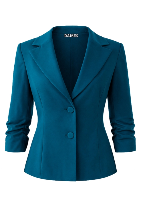 Sacou turcoaz elegant cambrat cu revere si maneca incretita