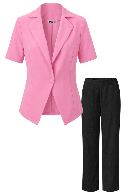 Set cu sacou roz cu revere si maneca scurta cu pantalon drept din vascoza
