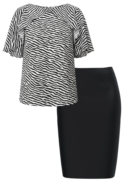 Set dama bluza alb negru din vascoza si fusta conica neagra