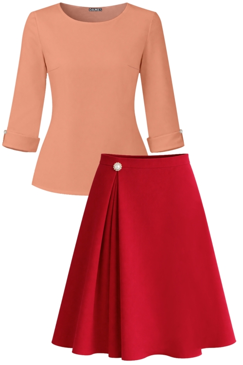 Set dama bluza roz somon din voal si fusta rosie in clos cu pliuri