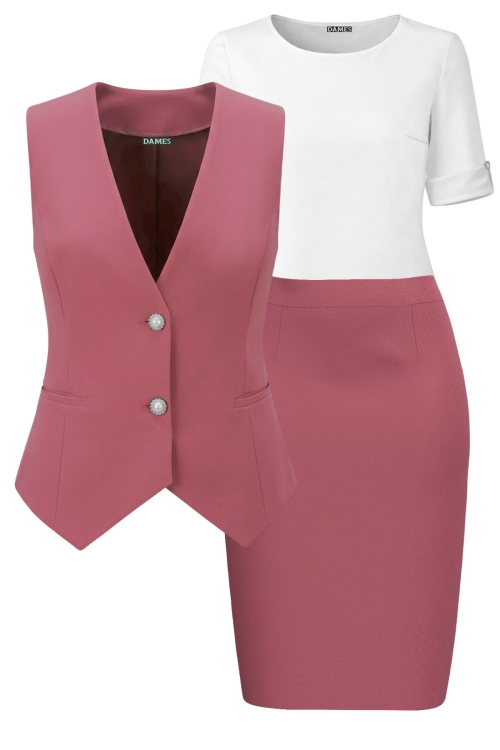 Set dama cu bluza alba, vesta si fusta conica roz pudrat