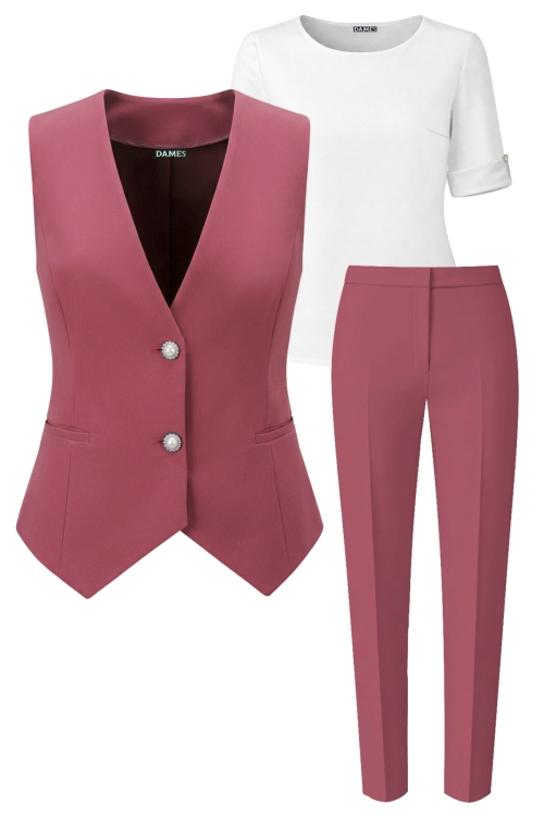 Set dama cu bluza alba, vesta si pantalon conic roz pudrat
