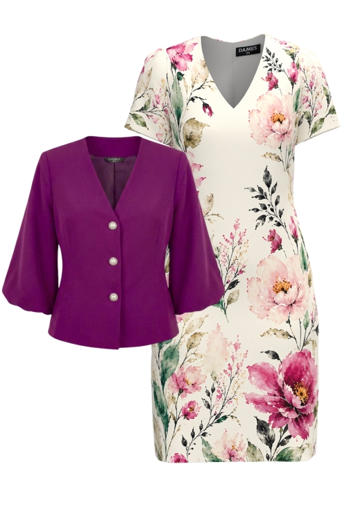 Set dama cu sacou magenta cu maneci bufante si rochie imprimata floral