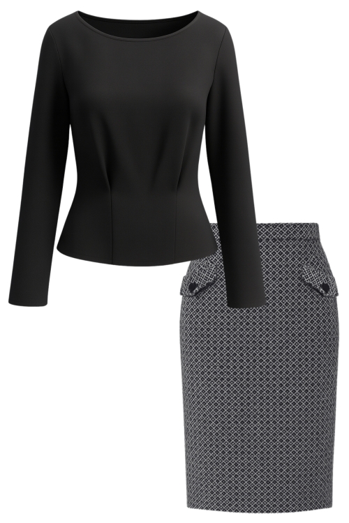 Set dama elegant bluza neagra si fusta din jacquard