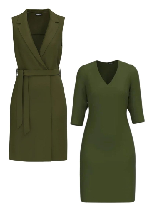 Set dama kaki - Vesta lunga si rochie dreapta cu decolteu in V