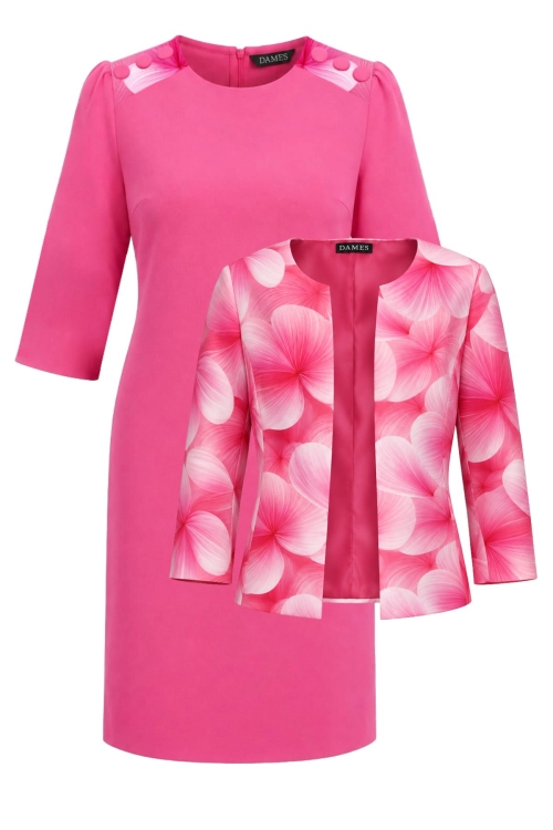 Set dama Roz Floral sacou si rochie roz cu detalii decorative pe umeri
