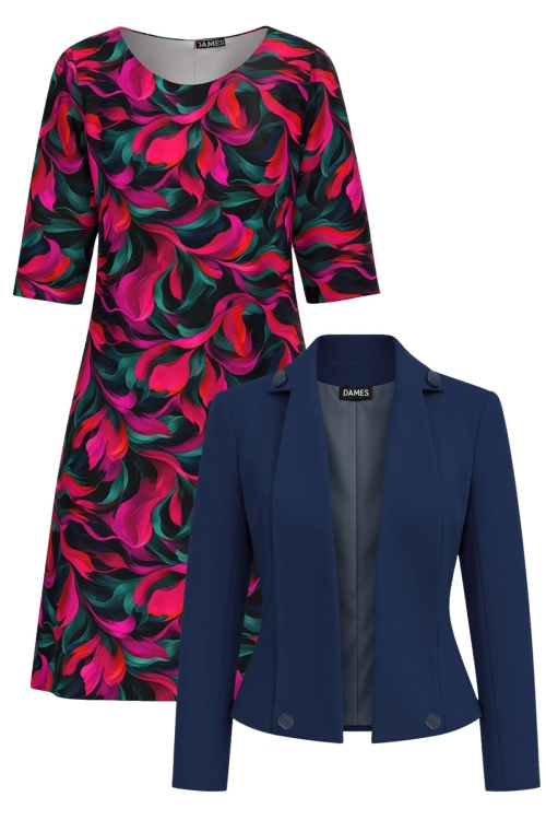 Set dama sacou bleumarin cu guler sal asimetric si rochie in culori vibrante