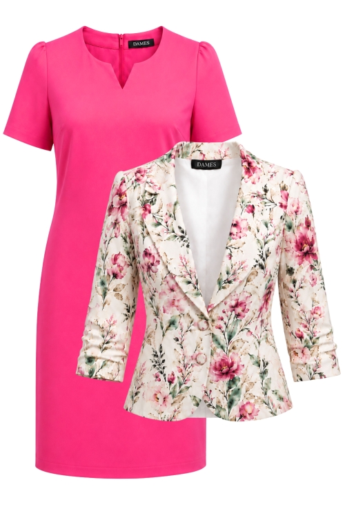 Set dama sacou cu maneca incretita si rochie roz trandafiriu cu decupaj in V