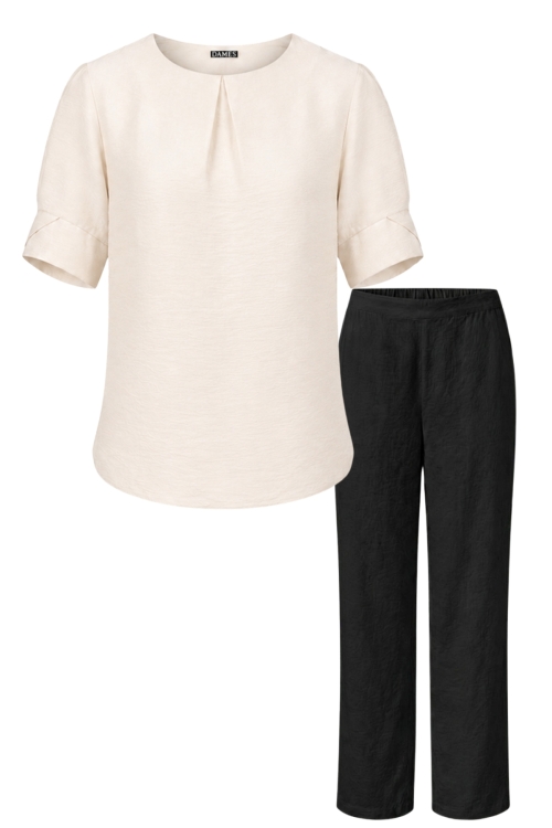 Set din vascoza pantalon negru drept si bluza cu pliu crem