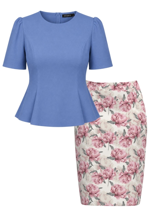 Set elegant bluza bleu eleganta si fusta conica Bujori romantici