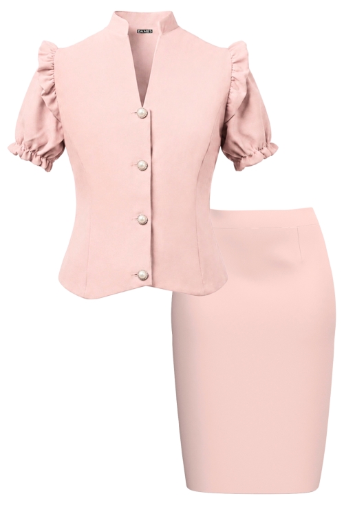 Set elegant sacou cu detalii decorative si fusta conica roz Doll