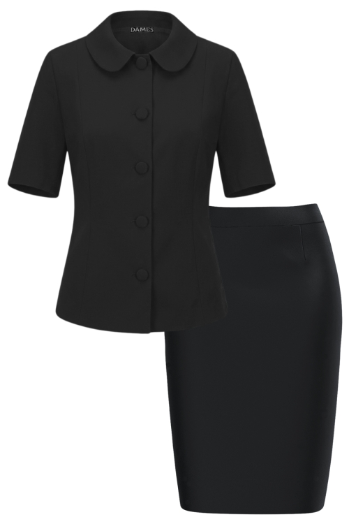 Set elegant sacou negru cu guler rotund si fusta conica neagra