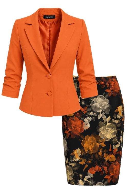 Set elegant sacou oranj cu maneca incretita si fusta conica Trandafiri de chihlimbar