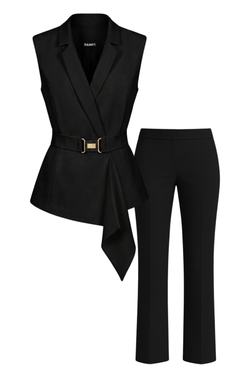 Set vesta neagra de dama cu detaliu si trim detasabil si pantalon drept negru